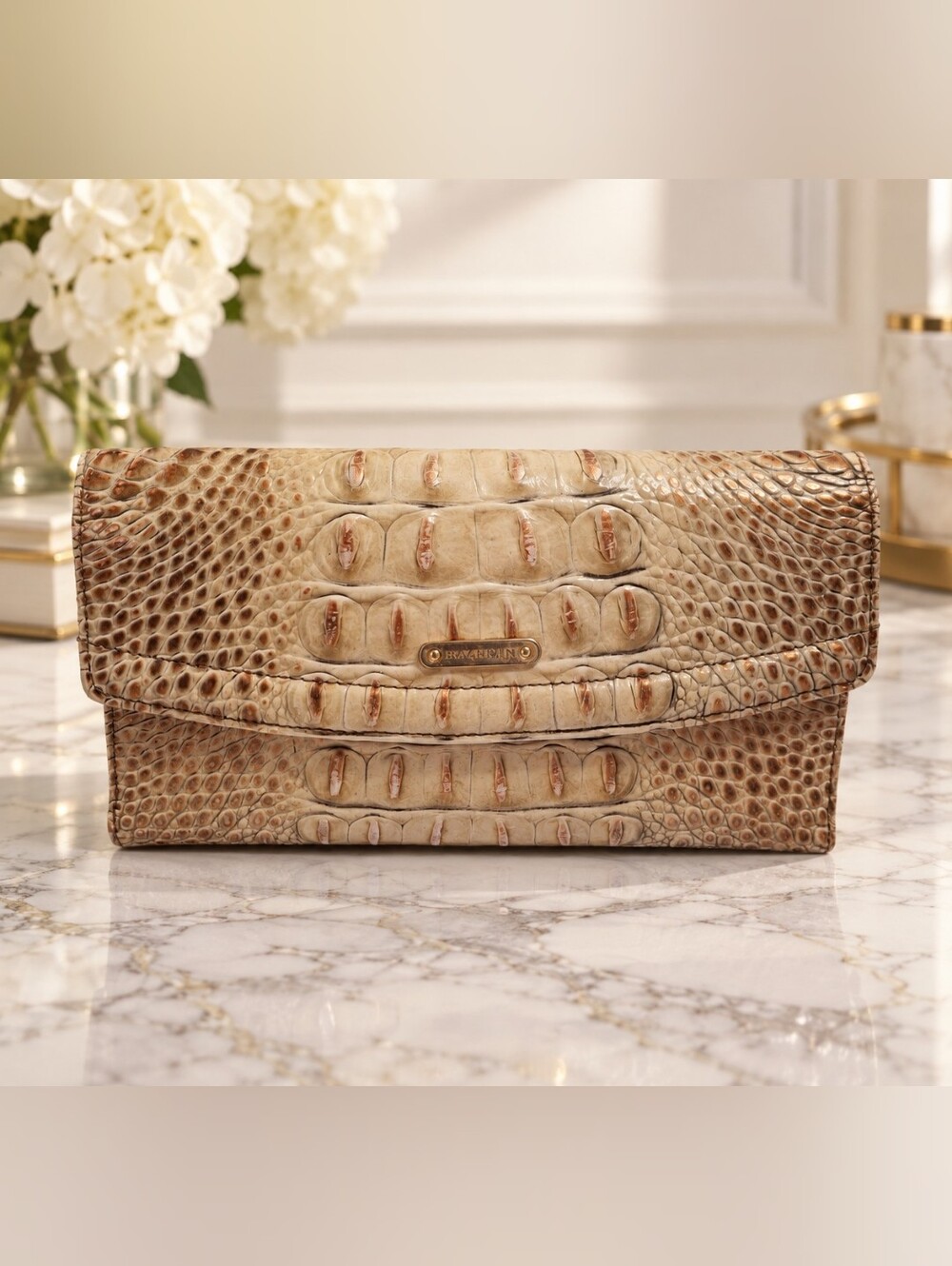Brahmin Ady Cream Brown Croc Embossed Leather Continental Wallet